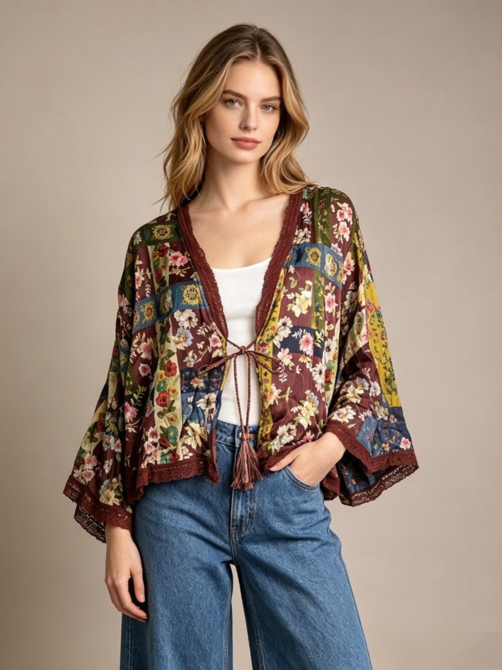 NWOT Johnny Was Silk Floral Lace Kimono Tassel Jacket Coat Boho Sz S